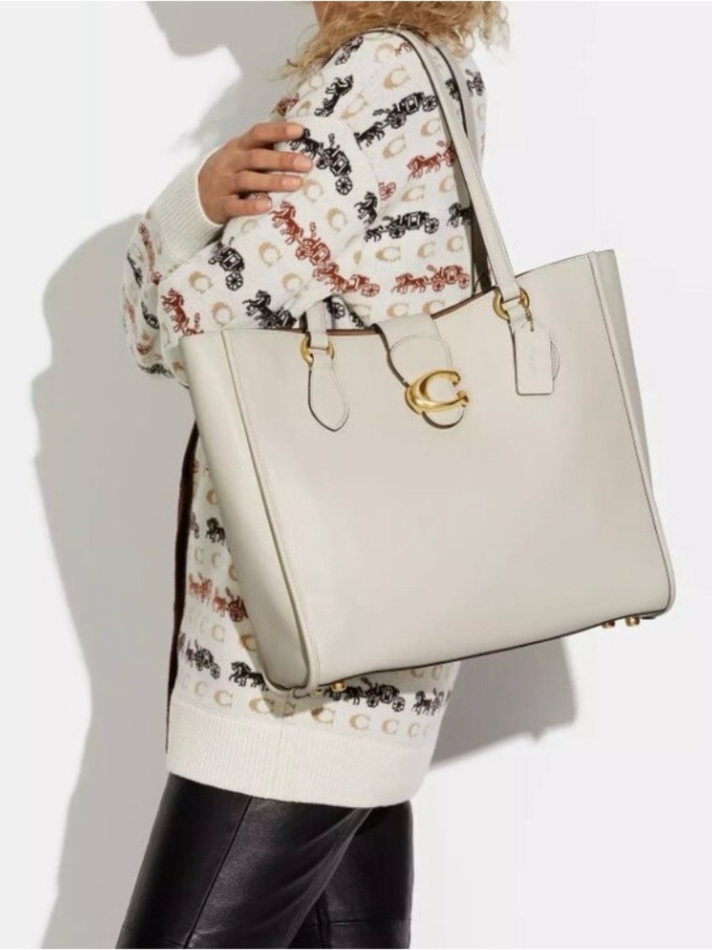 Coach Theo Chalk Leather Tote with Gold 'C' Hardware